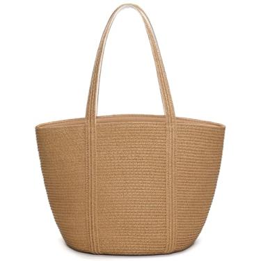 Imagem de Tavaleu Bolsas de praia de palha para mulheres, bolsa de ombro para mulheres, bolsa de palha de praia baldes moda verão bolsas Hobo, Cáqui claro, One Size