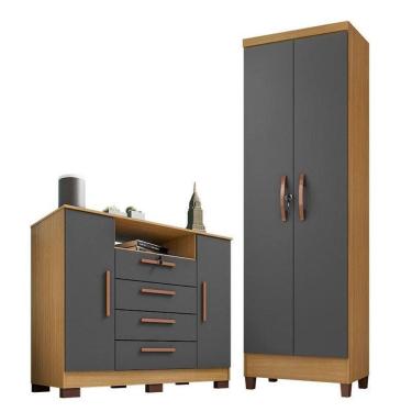 Imagem de Cômoda Madri E Armário Multiuso Egito Carvalho Americano Grafite – Incorplac