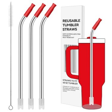 Imagem de Prurex Canudos reutilizáveis de aço inoxidável com ponta de silicone para Stanley 1,134 g, canudos de metal para copo de 1134 g, 3 tubos dobrados e 6 pontas e 1 escova Cleanr (Chili)