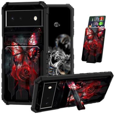 Imagem de ACWDMKH Capa para Pixel 6A com suporte para cartão e suporte para celular Google Pixel 6A capa protetora híbrida resistente à prova de choque para Pixel 6A, borboleta rosa vermelha