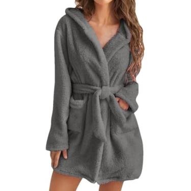 Imagem de Mulheres Inverno Pelúcia Térmica Longo Roupão De Banho Xale Com Capuz Roupão De Banho Quente Quimono Roupão De Flanela Roupão De Banho Pijamas, gray9, XXL