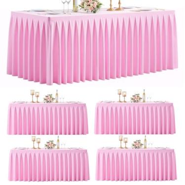 Imagem de HB HBB MAGIC Pacote com 4 toalhas de mesa rosa para mesas retangulares de 1,8 m, saia de mesa plissada elegante – capa de mesa elástica sem rugas para casamentos, banquetes, festas de aniversário e