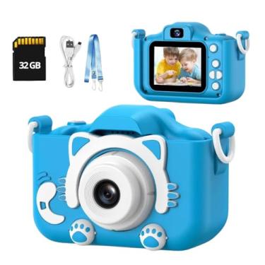 Imagem de Câmera Digital Infantil 1080p + Cartão MicroSD 32 GB Incluso – Portátil, Recarregável, Tela LCD, Games, Antichoque – Presente Educativo para Crianças (Azul)