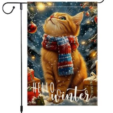 Imagem de Bandeira de jardim de gato de inverno, 30,5 x 45,7 cm, dupla face, pequena serapilheira de Natal, decoração ao ar livre com lenço de neve e caixas de presente