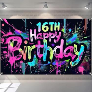 Imagem de HOMETITUTE Faixa de aniversário de 16 anos que brilha no escuro 178 x 109 cm pano de fundo colorido para adolescentes meninos meninas decoração de parede neon decoração de parede celebração cabine de