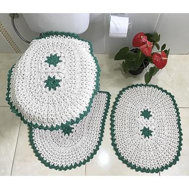Imagem de Tapete para Banheiro em Crochê Flor Bordada 3 Peças (Verde Escuro)