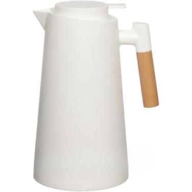 Imagem de Garrafa Térmica Plástica com Cabo de Madeira para Chá Café Agua Quente e Bebidas Frias Tampa Rosqueável e Sistema Corta-Pingos Excelente Vedação. (Branco)