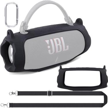 Imagem de co2CREA Capa de silicone para alto-falante Bluetooth JBL Charge 6 portátil, impermeável, capa macia de viagem com alça de ombro, capa protetora para pele (preto)
