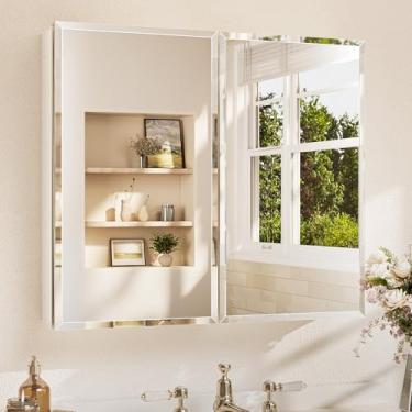 Imagem de TETOTE Armário de remédios 76 x 66 cm com espelho chanfrado temperado branco com dobradiças DTC de armário de alumínio de armazenamento, prateleiras ajustáveis contínuas, embutidas/montadas na