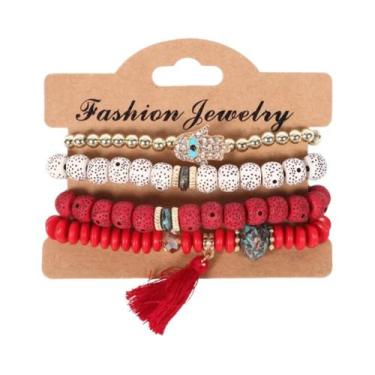 Imagem de Conjunto De Pulseiras Boho Femininas Com Contas De Madeira, Pingente Á