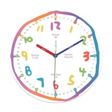 Imagem de BLWOTMOR Relógio de parede infantil, decoração de parede, relógio de aprendizagem colorido, analógico de madeira, silencioso, decorativo para escola, casa, Style B