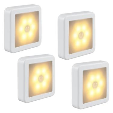 Imagem de Luz noturna com sensor de movimento, pacote com 4 unidades, sem fio, alimentada por bateria, luz de armário de LED, luz segura para escada, mini lâmpada de parede para quarto, banheiro, corredor