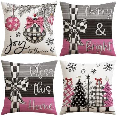 Imagem de Soleebee Conjunto de 4 capas de almofada de Natal, árvores de Natal, floco de neve, rosa-choque, capa de almofada de Natal brilhante para sofá, cama, cadeira, decoração de casa, capa de travesseiro 50