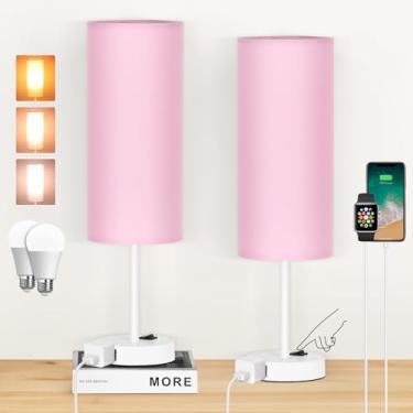 Imagem de ZJOJO Candeeiro de mesa para quarto, pacote com 2, lâmpadas de cabeceira de 45,7 cm com interruptor basculante regulável de 3 vias e tomada AC, luminária de mesa de cabeceira com sombra de tecido rosa