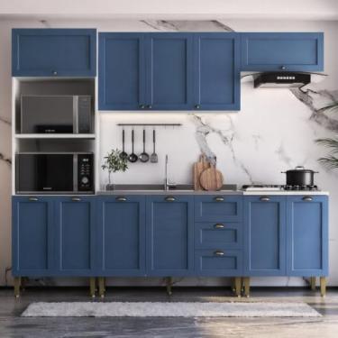 Imagem de Armário Cozinha Americana Modulada Completa 260cm 5 Peças com Balcão Multimóveis Cr20495 Branco/azul