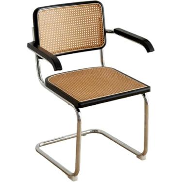 Imagem de Cadeira De Jantar De Meados Do Século Com Encosto De Cana Natural E Base De Aço Inoxidável, Estofada Em Madeira Rattan Cadeira De Cozinha Para Sala De Estar Quarto Sala De Jantar, Black