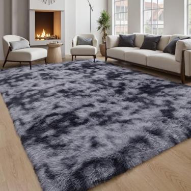 Imagem de Tapetes de área grande cinza fofo 20 x 25 cm para quarto e sala de estar, tie-dye cinza escuro macio lavável tapete felpudo para quarto de crianças, berçário, decoração de dormitório, tapetes felpudos