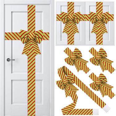 Imagem de Conjunto de 25 peças de decoração de fita para armário de Natal inclui laço grande para porta de armário e fita festiva listrada de 10 m de largura, decorações de Natal para guirlanda de árvore de