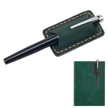 Imagem de CRASPIRE Suporte de caneta de couro feito à mão com clipe para caneta de couro bovino para notebook, suporte de lápis verde escuro resistente com clipe de metal para material de professor, acessórios