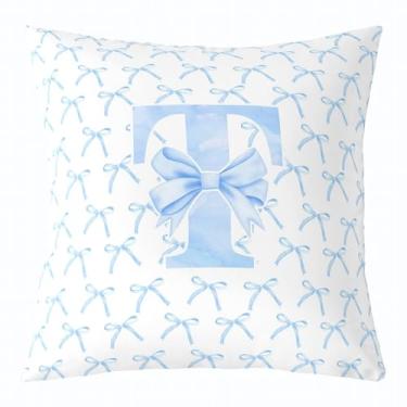 Imagem de Capa de almofada infantil com laço de desenho animado, gravata borboleta azul letra T nó princesa dupla face fronha meninas mulheres, aquarela laço patchwork azul branco cama sofá capa de almofada