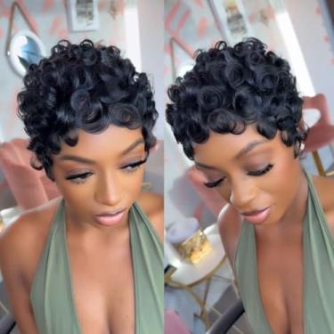 Imagem de Perucas de cabelo humano curto para mulheres negras colocar e ir sem cola, perucas curtas em camadas Pixie com franja, cabelo humano liso virgem brasileiro feito à máquina, cor preta natural