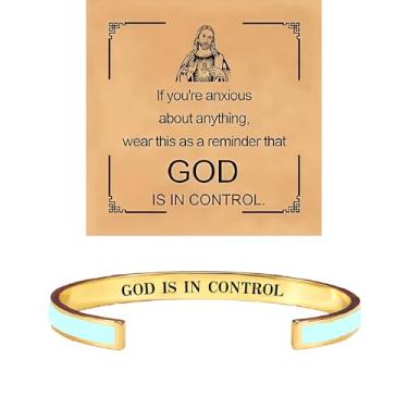 Imagem de BlingNook Pulseira God Is In Control para mulheres e homens, com cartão de presente, pulseiras de oração cristã aberta Jesus fé inspiradora, joia ajustável de aço inoxidável, One Size, Aço inoxidável