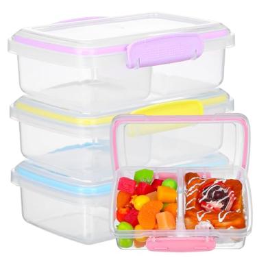 Imagem de Embalagem com 4 recipientes de lanche de plástico de 17 x 9,4 x 5 cm com tampas, 2 recipientes de alimentos para lanche infantil, recipientes de almoço de viagem com garfos para frutas/doces