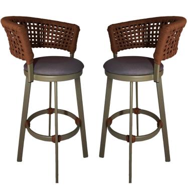 Imagem de 2 Banquetas Somália Em Alumínio E Corda Náutica Jardim Marrom