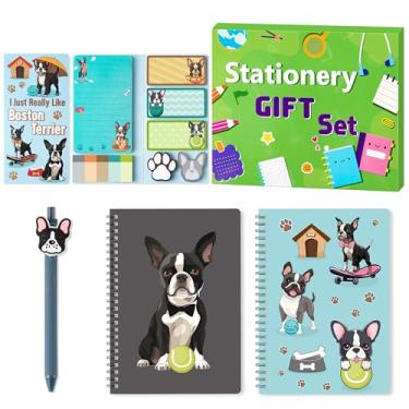 Imagem de Xqumoi Conjunto de artigos de papelaria Boston Terrier Sticky Note – Pacote com 2 cadernos espirais A5, bloco de notas autoadesivas, canetas esferográficas de gel, fofo desenho animado, material