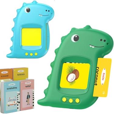 Imagem de Brinquedo Educativo Infantil Montessori Com Leitor de Cartões Flash em Português e Inglês 112 Cartões com 224 Palavras (Dino - Azul, Pequeno)