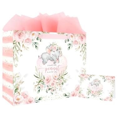 Imagem de ASYEHJNR Saco de presente grande de 33 cm rosa e dourado A Sweet Little Peanut Is On Her Way Baby Girl Elephant Gift Bag com cartão de felicitações e papel de seda para chá de bebê It's a Girl