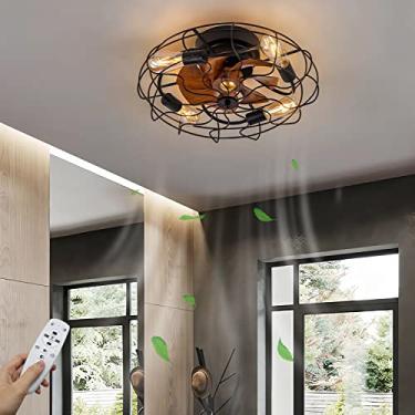 Imagem de Ventilador de teto retrô industrial com luz, ventilador silencioso, luminária de teto, ventilador de gaiola vintage E26 com lâmpada e controle remoto para iluminação de quarto, sala de estar