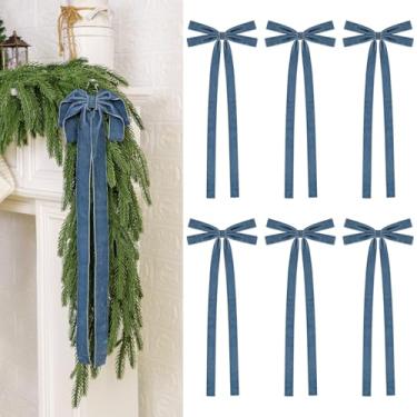 Imagem de Conjunto de 6 laços de veludo de Natal rústicos pré-fabricados com coroa de flores com cauda longa, ornamentos de Natal vintage para topo de árvore, guirlanda, lareira, escadas, decoração de porta, 20