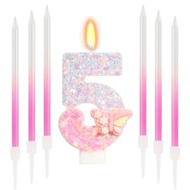 Imagem de ElekFX Vela número 5 de borboleta rosa com bastão de cera, decorações de 5º aniversário para meninas, topo de bolo de borboleta com glitter com lantejoulas para artigos de festa e lembrancinhas