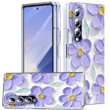 Imagem de DNTMZIN Capa protetora completa para Samsung Galaxy Z Fold 4 fina, magnética, transparente, transparente, fina, rígida, à prova de choque, anti-arranhões para Z Fold 4 5G Flores roxas 12-ZFOLD4-26