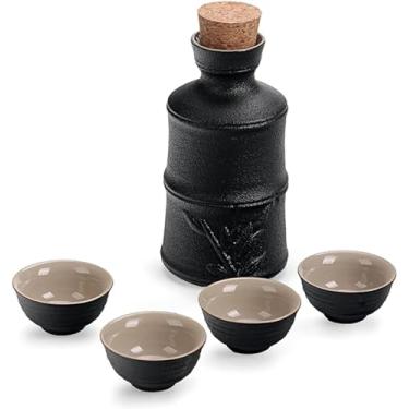 Imagem de JOEUQK Conjunto de 5 copos de saquê japonês, conjunto de artesanato de cerâmica, conjunto de saquê tradicional chinês com 1 garrafa de saquê, 4 xícaras de saquê