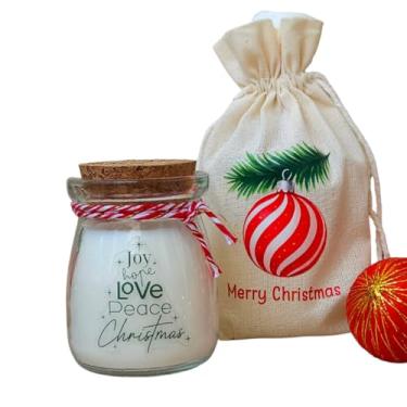 Imagem de Kit 2 velas AromáticasNatalina em Pote de Vidro, Decoração de Natal com Mensagem de Amor e Paz, com Saco de Presente