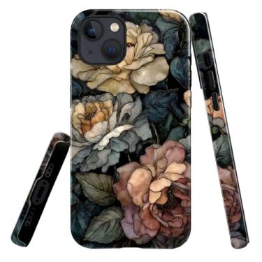 Imagem de heindiy Compatível com iPhone 13/14, capa brilhante, proteção total, à prova de choque, anti-arranhões, capa de TPU, capas para homem mulher vitral escuro vintage floral