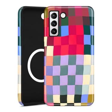 Imagem de Aitipy Compatível com MagSafe Capa de telefone quadriculada para Samsung Galaxy S22, bonito tabuleiro de xadrez estético TPU macio magnético e capa protetora de policarbonato rígido para mulheres e