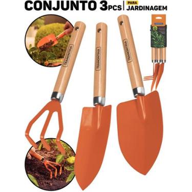 Imagem de Kit Jardinagem Tramontina 3 Peças Cabo Madeira Pá Garfo E Ancinho Ferr