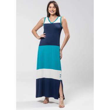 Imagem de Vestido Longo Pau a Pique Listrado Azul Marinho, Branco e Azul