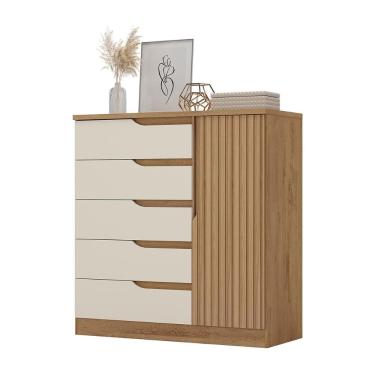 Imagem de Comoda Paris Quarto Com 5 Gavetas E 1 Porta Canelato+3d Canelato/off White