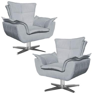 Imagem de Kit 2 Poltronas Decorativas Base Giratória Cromada Charger Suede Cinza - Gran Belo