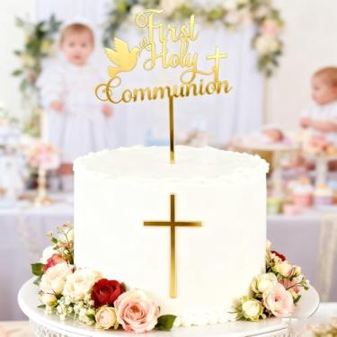 Imagem de First Holy Communion Dove Cake Topper Set, Gold Mirror Acrylic Cross Cake Decoration Sign for Baptism, First Communion, Baby Shower, Birthday, Christian Party Supplies