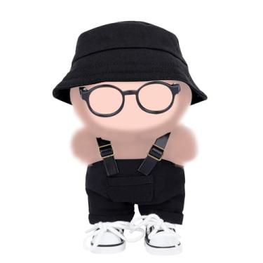 Imagem de BOXOB 4pçs Conjunto de Roupas para Bonecas, Estiloso Chapéu Balde Macacão Sapatos & Óculos Traje Completo Para 15cm/17cm Bonecas Pelúcia Acessórios (Preto)