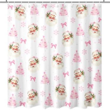 Imagem de Lindameler Cortina de chuveiro de Natal para banheiro com laço rosa, Papai Noel, cortina de inverno, floco de neve, árvore de Natal para decoração de banheiro, cortina de banho, 182 x 182 cm à prova