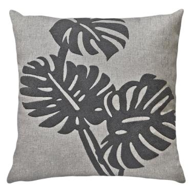 Imagem de Almofada Linho Aplique Bouclé Folha Costela Adão Cinza 50x50