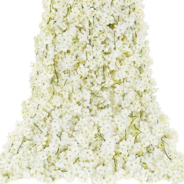 Imagem de YRIOWMI 10 peças guirlanda de flor de cerejeira de seda artificial de 1,8 m, videiras de flores Sakura penduradas para festa de casamento, casa, arco, escritório, decoração de Sakura (branca)