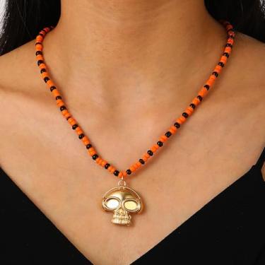 Imagem de 1 colar de caveira com contas, pingente de semente de Halloween para adultos, joia gótica boêmia, corrente de cordão preto ajustável (preto/branco)