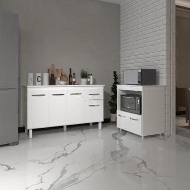 Imagem de Mobília Decor, Armário Gabinete Camila 138 cm com Tampo Tampão e Balcão Amanda para Forno e Microondas Branco